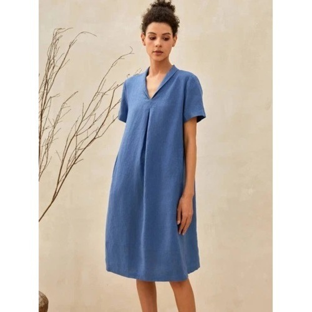 Poetry Linen Midi Shawl Collar Dress Sz 10 Minimalist Lagenlook  Coastal